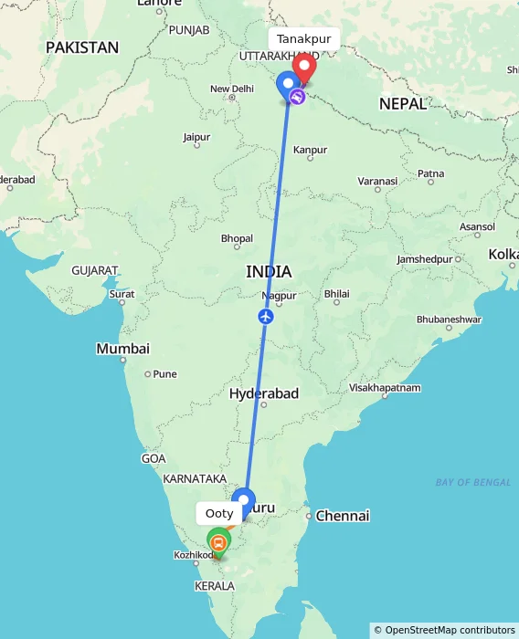 Route map showing distance and travel time from Ooty, India to Tanakpur, India
