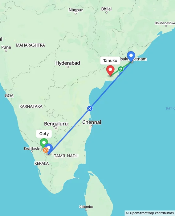 Route map showing distance and travel time from Ooty, India to Tanuku, India