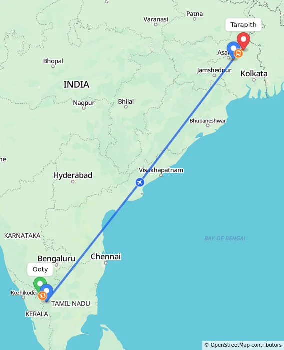 Route map showing distance and travel time from Ooty, India to Tarapith, India