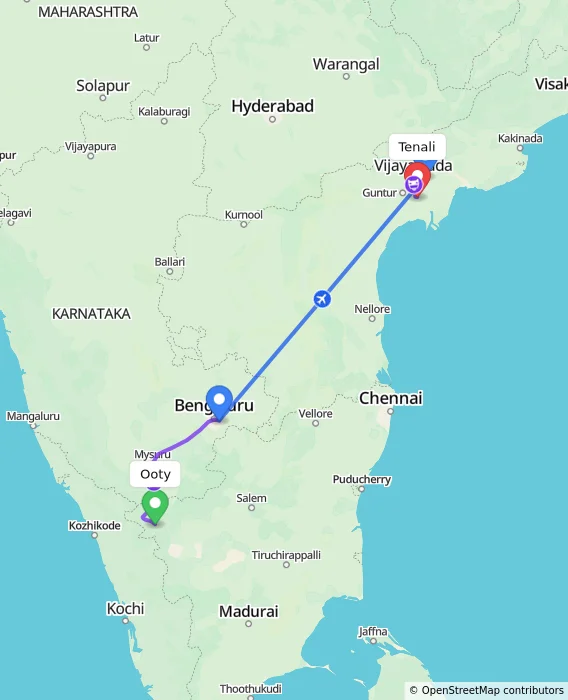 Route map showing distance and travel time from Ooty, India to Tenali, India