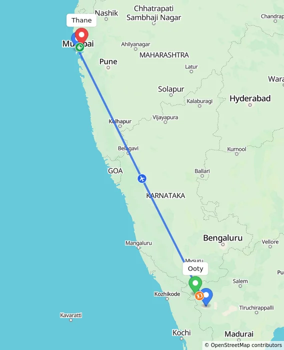 Route map showing distance and travel time from Ooty, India to Thane, India