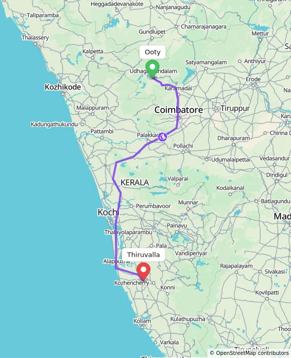 Route map showing distance and travel time from Ooty, India to Thiruvalla, India