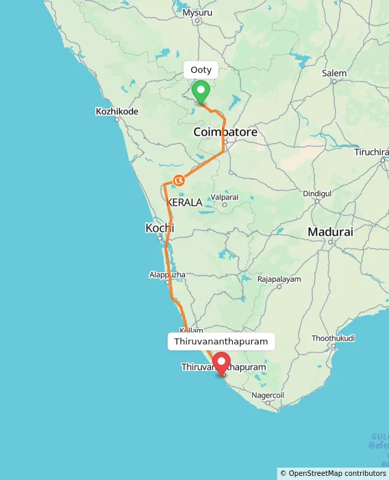 Route map showing distance and travel time from Ooty, India to Thiruvananthapuram, India