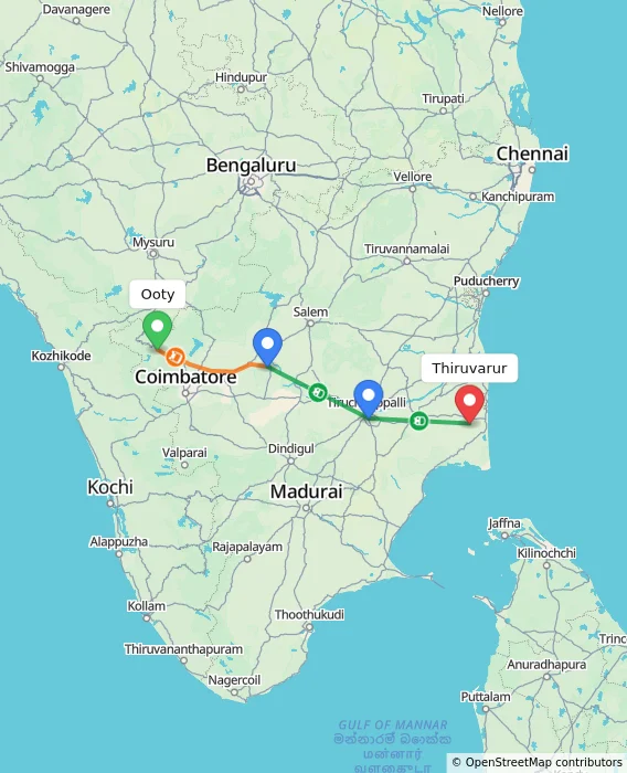 Route map showing distance and travel time from Ooty, India to Thiruvarur, India