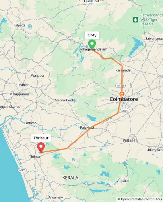 Route map showing distance and travel time from Ooty, India to Thrissur, India