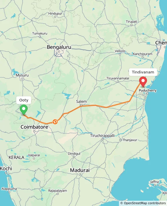 Route map showing distance and travel time from Ooty, India to Tindivanam, India