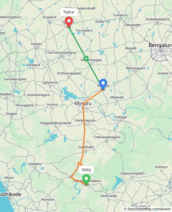 Route map showing distance and travel time from Ooty, India to Tiptur, India