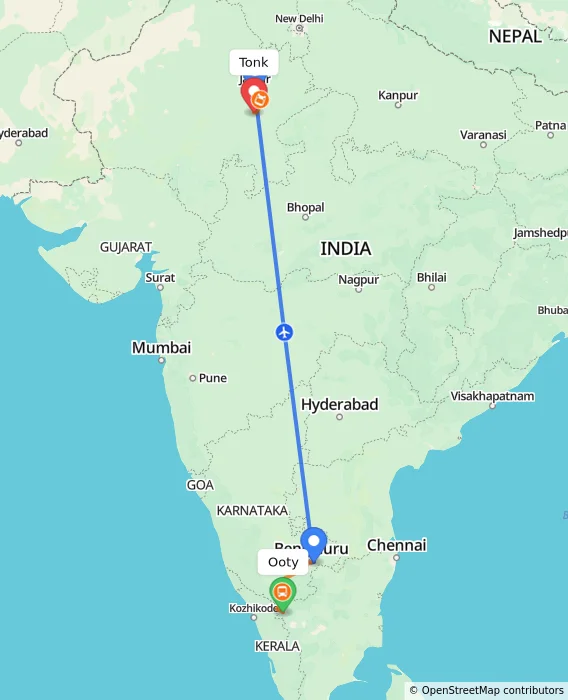 Route map showing distance and travel time from Ooty, India to Tonk, India