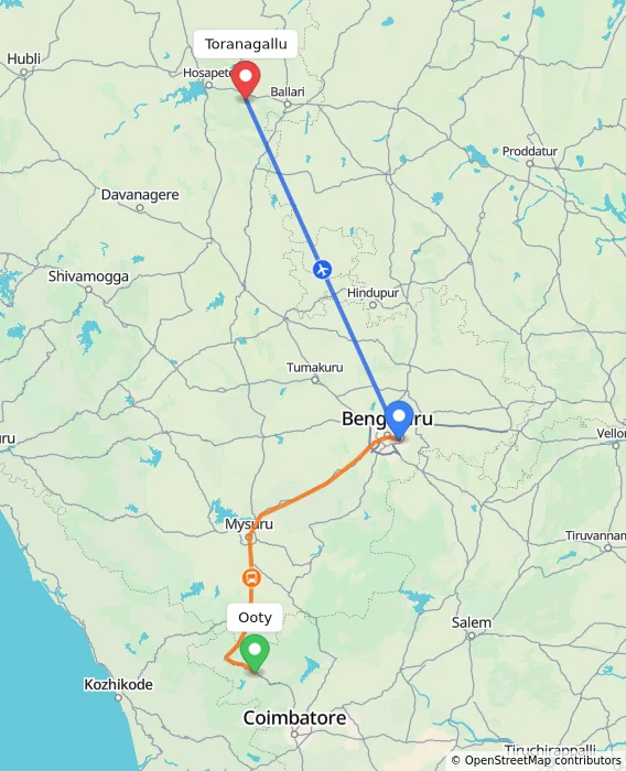 Route map showing distance and travel time from Ooty, India to Toranagallu, India