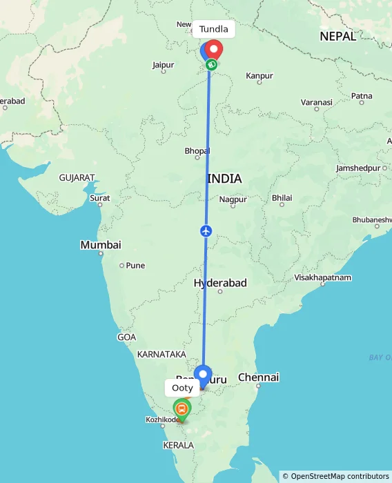 Route map showing distance and travel time from Ooty, India to Tundla, India
