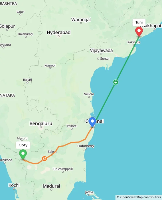 Route map showing distance and travel time from Ooty, India to Tuni, India