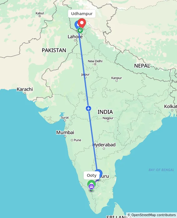 Route map showing distance and travel time from Ooty, India to Udhampur, India