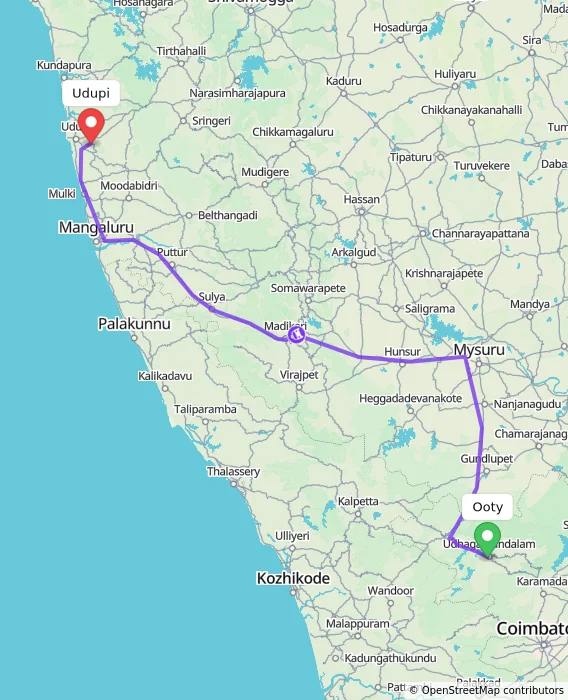 Route map showing distance and travel time from Ooty, India to Udupi, India