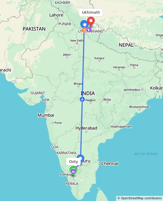 Route map showing distance and travel time from Ooty, India to Ukhimath, India