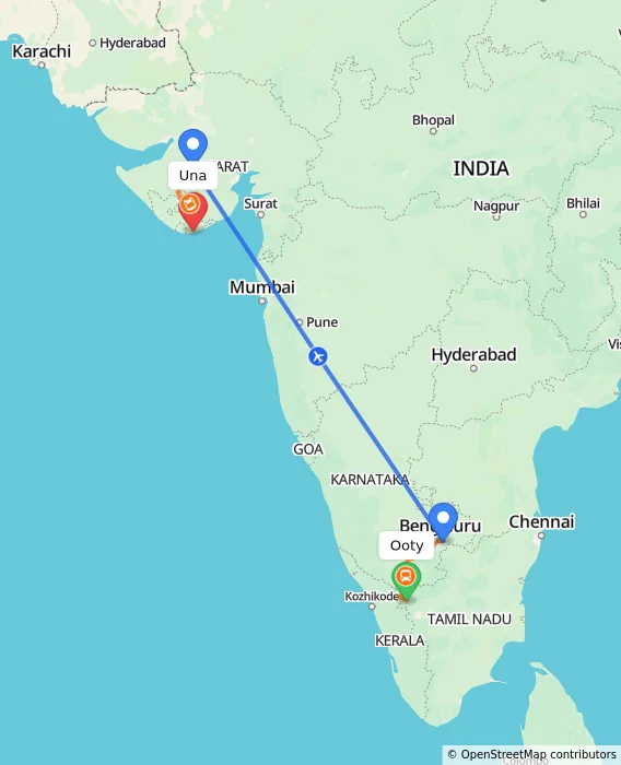 Route map showing distance and travel time from Ooty, India to Una, India
