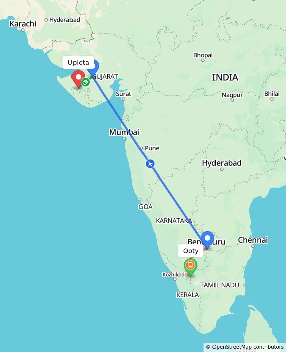 Route map showing distance and travel time from Ooty, India to Upleta, India