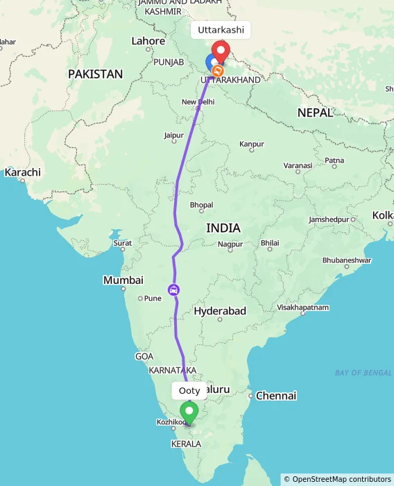 Route map showing distance and travel time from Ooty, India to Uttarkashi, India