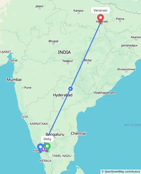 Route map showing distance and travel time from Ooty, India to Varanasi, India