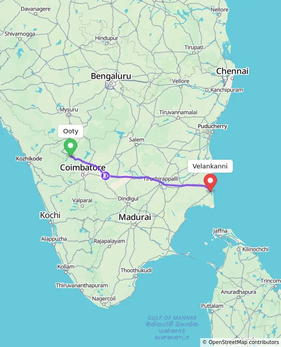 Route map showing distance and travel time from Ooty, India to Velankanni, India