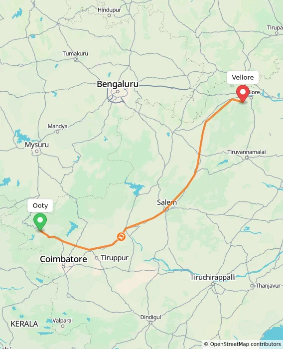 Route map showing distance and travel time from Ooty, India to Vellore, India
