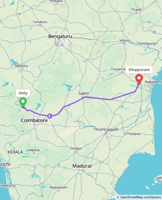 Route map showing distance and travel time from Ooty, India to Viluppuram, India