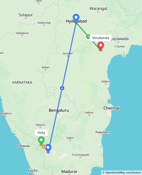 Route map showing distance and travel time from Ooty, India to Vinukonda, India