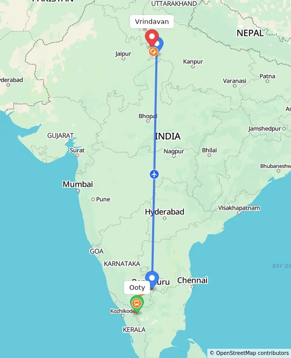 Route map showing distance and travel time from Ooty, India to Vrindavan, India