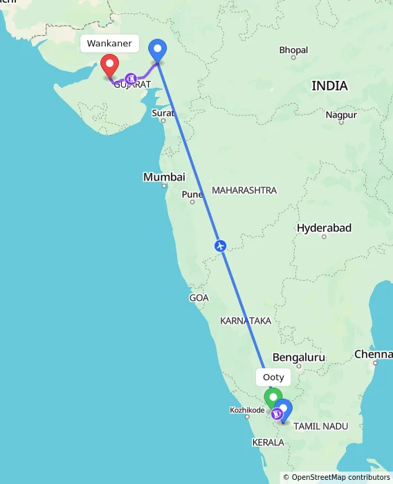 Route map showing distance and travel time from Ooty, India to Wankaner, India