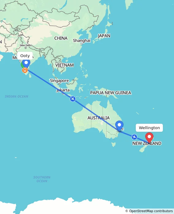 Route map showing distance and travel time from Ooty, India to Wellington, New Zealand
