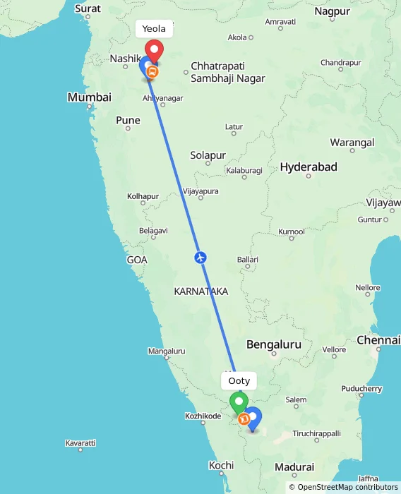 Route map showing distance and travel time from Ooty, India to Yeola, India