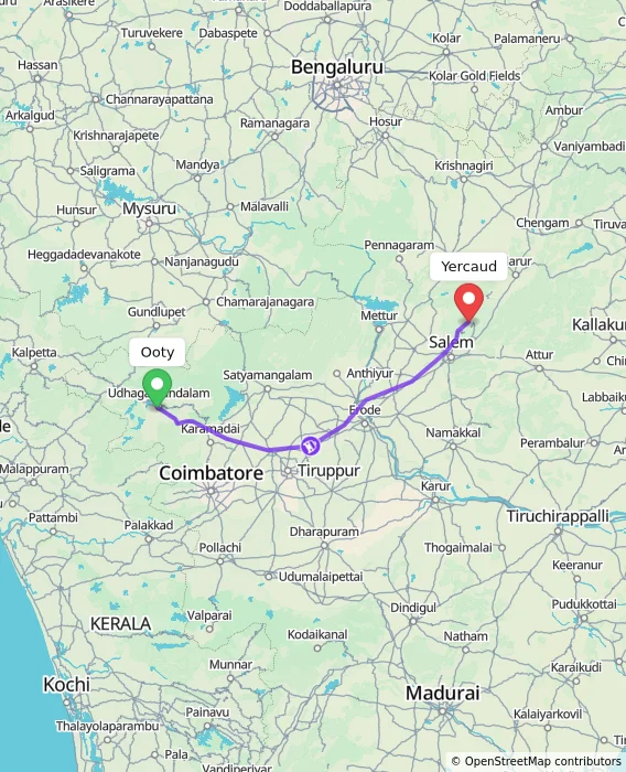 Route map showing distance and travel time from Ooty, India to Yercaud, India