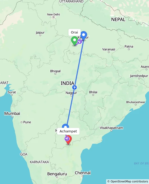 Route map showing distance and travel time from Orai, India to Achampet, India