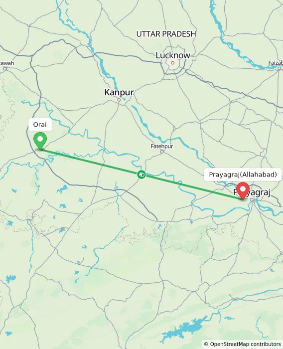 Route map showing distance and travel time from Orai, India to Allahabad, India