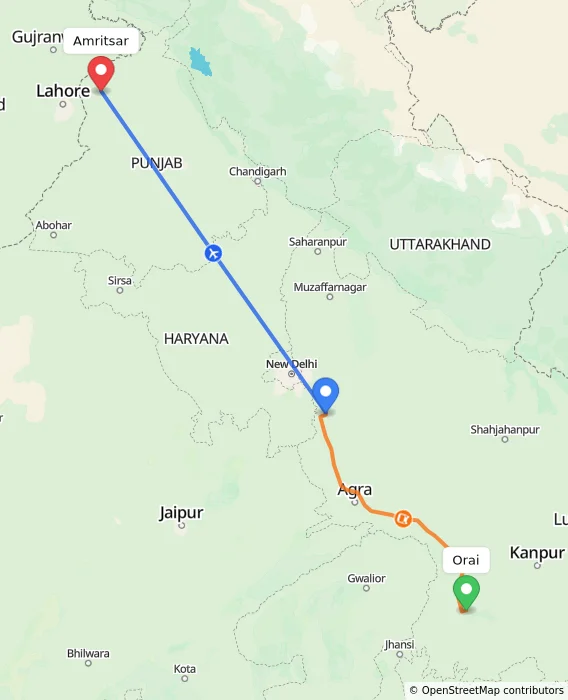 Route map showing distance and travel time from Orai, India to Amritsar, India