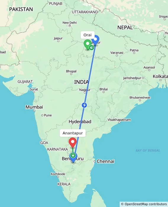 Route map showing distance and travel time from Orai, India to Anantapur, India