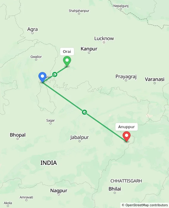 Route map showing distance and travel time from Orai, India to Anuppur, India