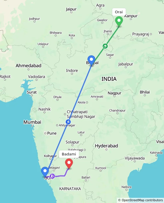Route map showing distance and travel time from Orai, India to Badami, India