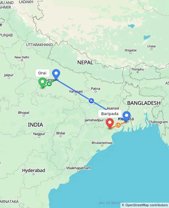 Route map showing distance and travel time from Orai, India to Baripada, India