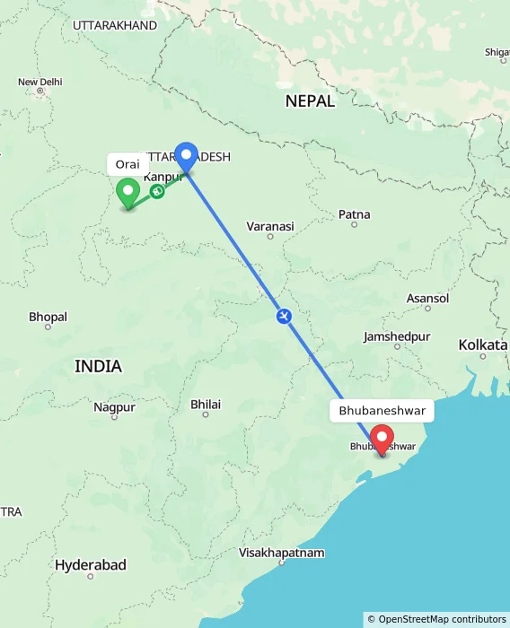 Route map showing distance and travel time from Orai, India to Bhubaneshwar, India