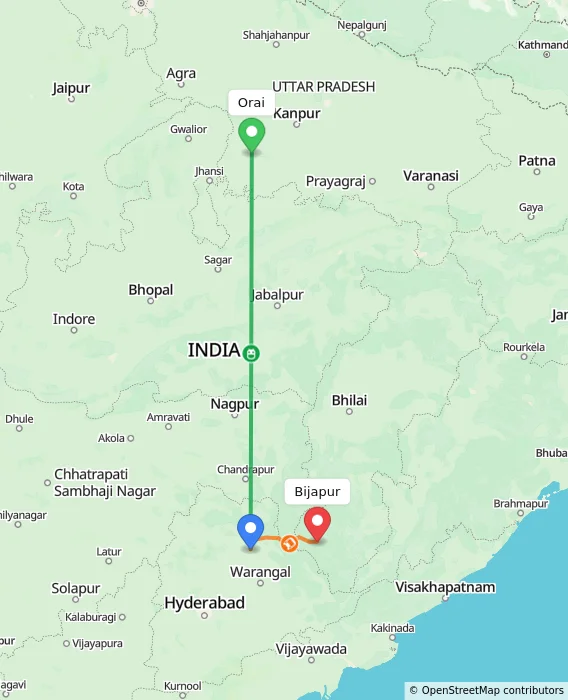 Route map showing distance and travel time from Orai, India to Bijapur, India