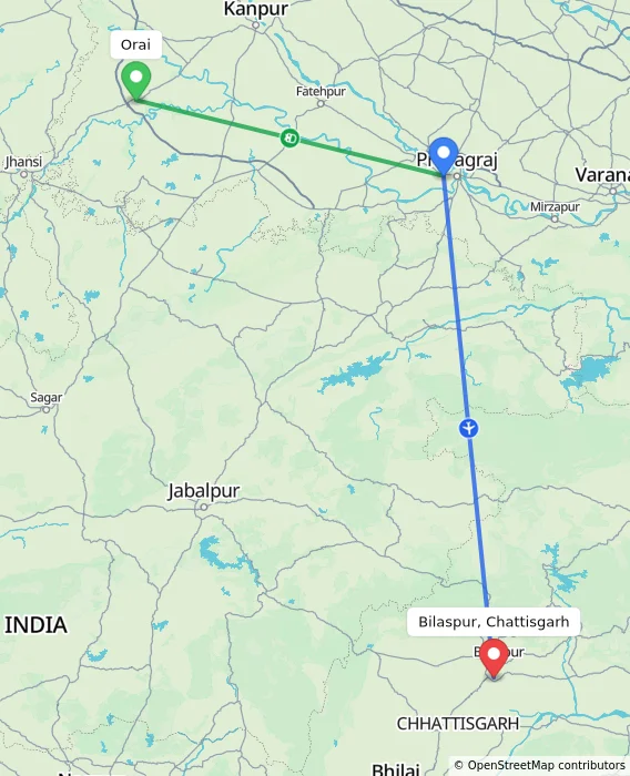 Route map showing distance and travel time from Orai, India to Bilaspur, Chattisgarh, India