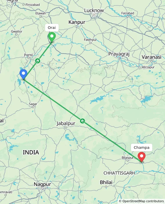 Route map showing distance and travel time from Orai, India to Champa, India