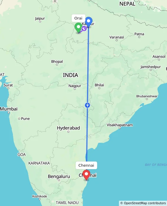 Route map showing distance and travel time from Orai, India to Chennai, India