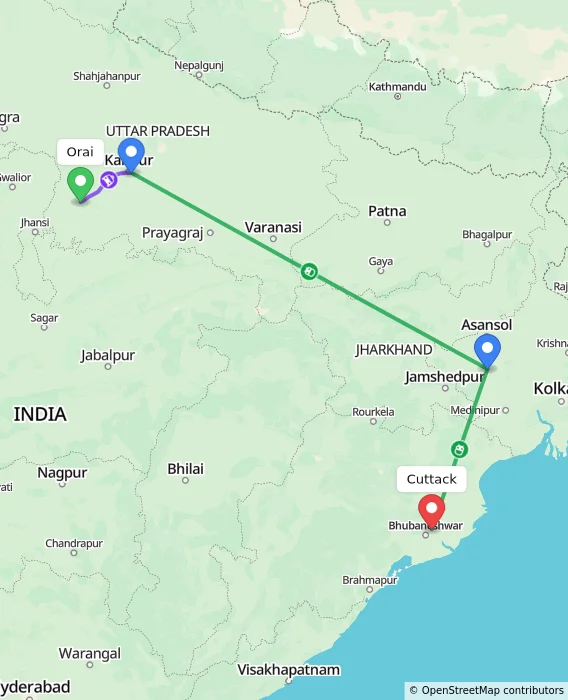 Route map showing distance and travel time from Orai, India to Cuttack, India