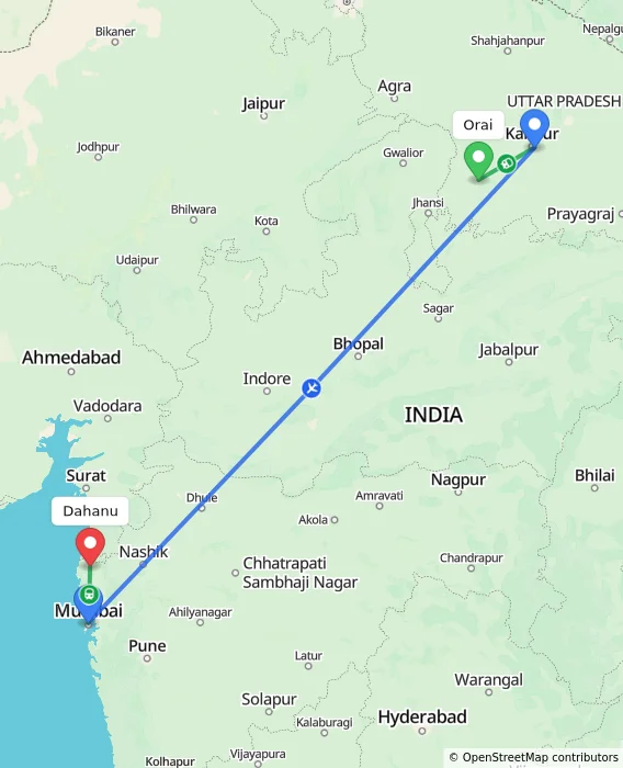 Route map showing distance and travel time from Orai, India to Dahanu, India