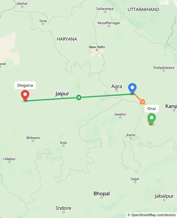 Route map showing distance and travel time from Orai, India to Degana, India