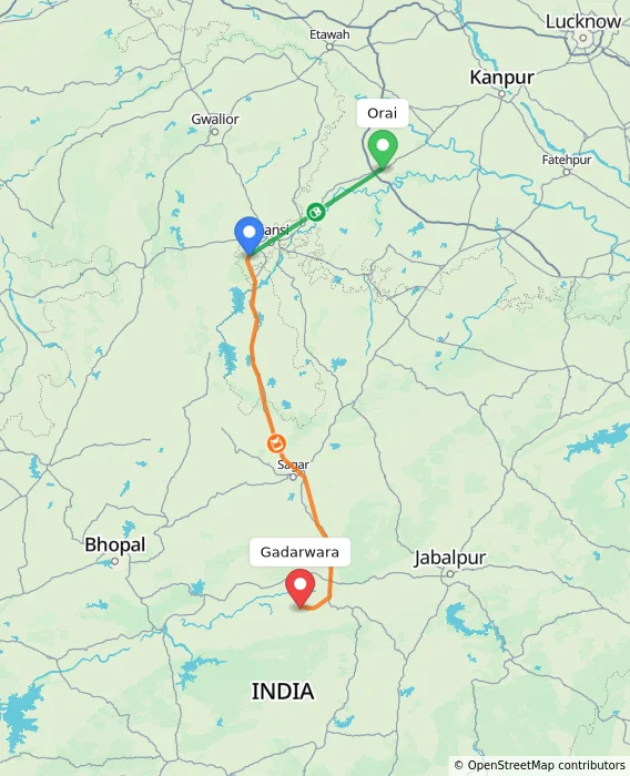 Route map showing distance and travel time from Orai, India to Gadarwara, India