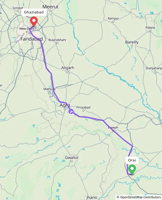 Route map showing distance and travel time from Orai, India to Ghaziabad, India