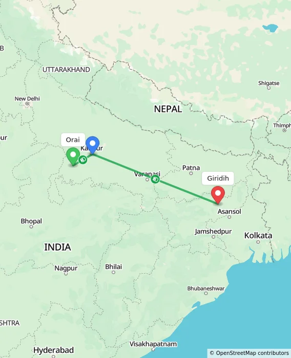 Route map showing distance and travel time from Orai, India to Giridih, India