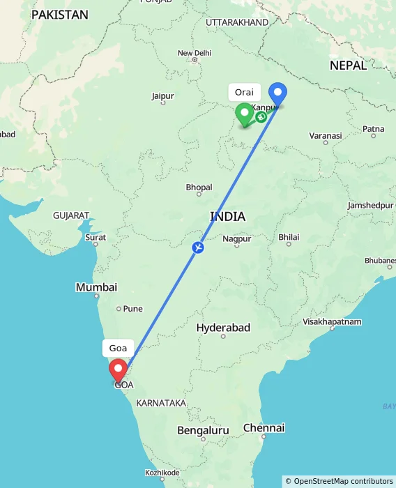 Route map showing distance and travel time from Orai, India to Goa, India